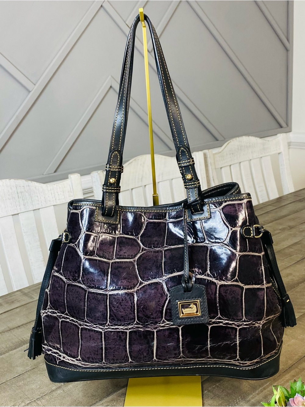 Dooney & Bourke English Botanical Croco Satchel Bag Aubergine / Eggplant